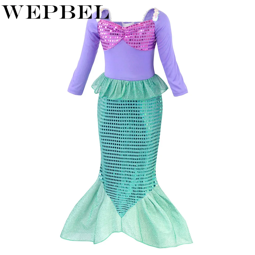 WEPBEL Little Girls Mermaid Princess Ariel dress cosplay Costume Sequins Dress Up Fancy Party Gown Long sleeves Clothes | Детская одежда