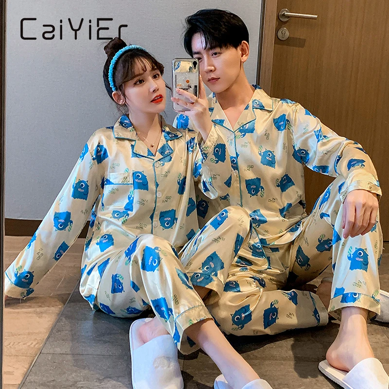 

CAIYIER Autumn Winter Cute Print Silk Pajama Set Loose Men And Women Nightwear Long Sleeve Long Pants Sleepwear Loungewear M-3XL