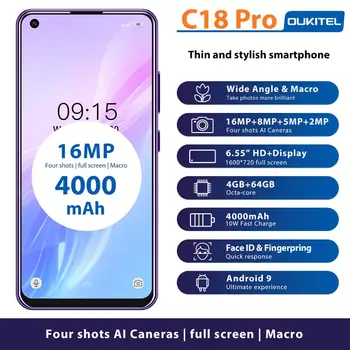 

OUKITEL C18 Pro 6.55" HD Mobile Phone MT6757 Octa Core 4GB 64GB Android 9.0 Smartphone 4000mAh 16MP Al Cameras Cellphone Face ID