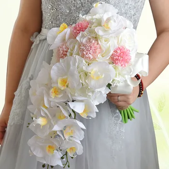 

2020 Waterfall Pink white Wedding Flowers Artificial Wedding Bouquets Rose Orchid Teardrop Romantic Long Bridal Bouquets