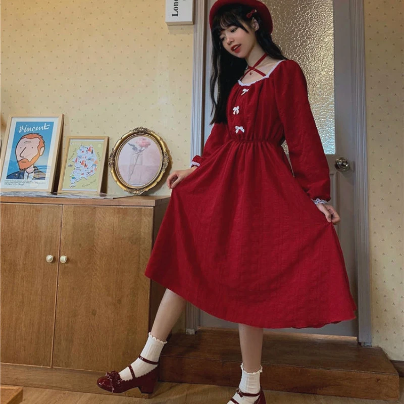 Long Sleeve Dress Women Patchwork Defined Waist Halted Lolita Sweet Girl Japanese Style Retro Vintage Bow Kawaii Fall Streetwear bodycon dress