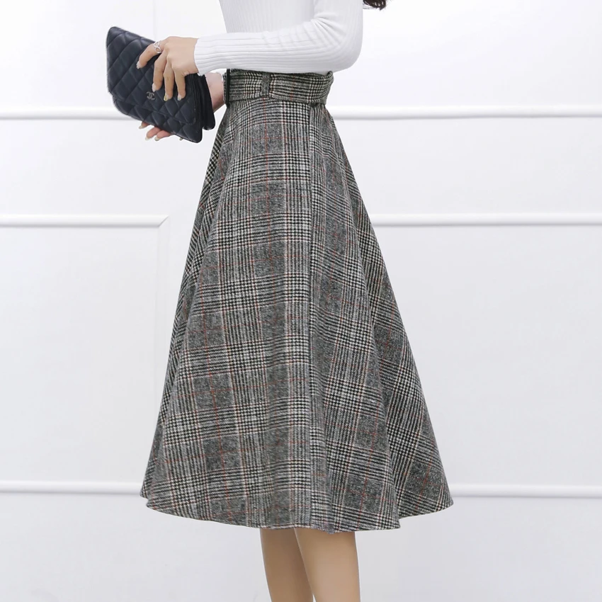 Элегантная Женская осенне-зимняя юбка, женские шерстяные кисточки в стиле ампир, юбки в клетку, повседневные женские офисные юбки с поясом S42