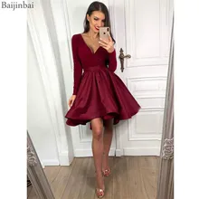 Baijinbai трапециевидные бордовые атласные праздничные платья для встречи выпускников с глубоким v-образным вырезом с длинным рукавом Короткое коктейльное платье платья для выпускного вечера трапециевидные женские