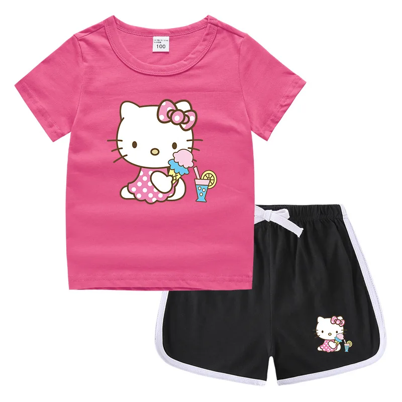 thumbnail image 1 of Hello Kitty-Camiseta informal con cuello redondo y pantalones cortos para niños y niñas, conjunto de camisa de fondo absorbente de algodón puro, informal, 1 of 5