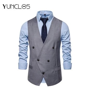 

YUNCLOS Gray Business Men Suit Vest Dinner Party Men Vest Front Solid Back Stripe Slime Men Suit Vest M-2XL Drop Shipping