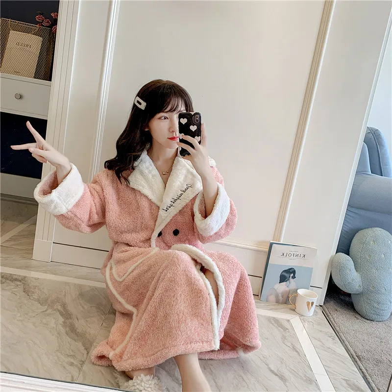 Зимний халат Коралл, овечья шерсть, халат для ванной женский корейский Свободный Плюс Размер Feminino пижамы розовый длинный банный халат Kawaii Халат