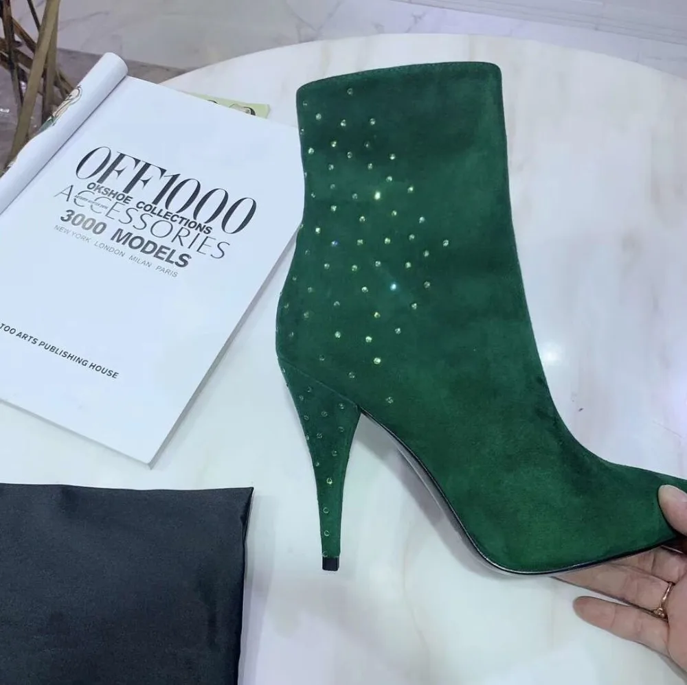 Real Leather Ankle Boots Woman Pointed Toe Mixed Color Crystal High Heel Boots Women Fashion Short Boots