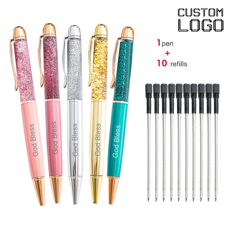 1Pen+10Refills Custom Engraving Gold Powder Quicksand Metal Ball Point Pen Business Advertising Student Office Writing Pens new gold powder leopard print push metal ball point pen business advertising office signature pen school stationery wholesale