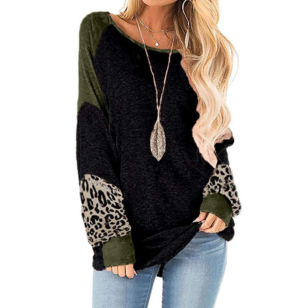2019 ladies leopard solid color stitching long-sleeved shirt sweater 
