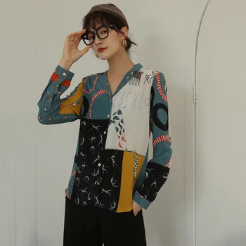 

LANMREM Stitching Contrast Print Long Sleeve Single-breasted Woman Shirt Casual Wild Simple Fashion 2020 Spring Blouse New TD140