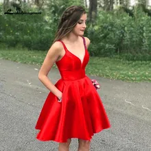 Сексуальные красные атласные платья для выпускного вечера с открытой спиной, спагетти ремень с бисером Милая Линия выпускное платье с карманами