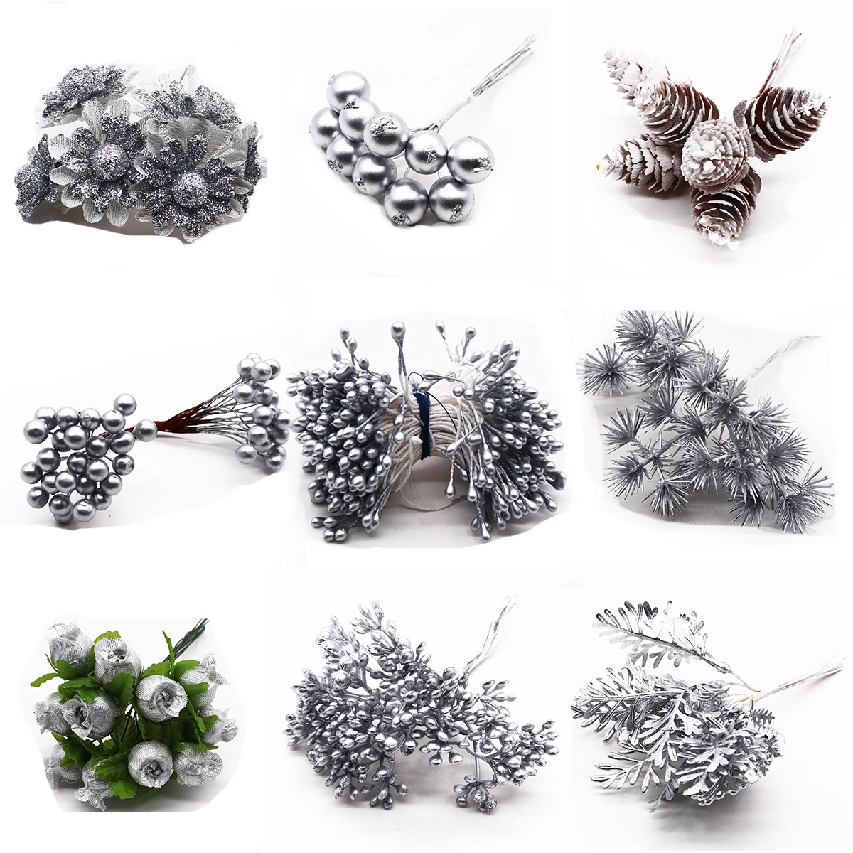 

6/10/12/20/24/200pcs Silver Mixed Hybrid Flower Cherry Stamen Berries Bundle DIY Cake Christmas Wedding Gift Box Wreath Decor
