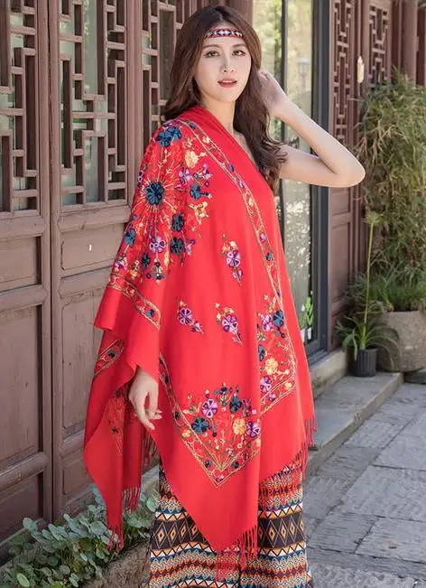 red Новинка ручной работы вышитый цветок кашемировый шарф Пашмина женский зимний теплый шарф с кистями оверсайз шаль мода шаль шарфы - Цвет: red