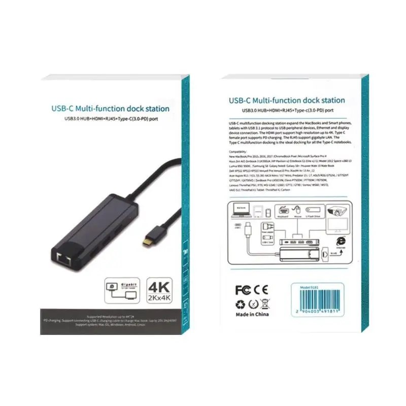 5 в 1 type-C к PD USB3.1/HDMI/RJ45/2 USB3.0 Многофункциональный USB-C концентратор поддерживает протокол быстрой зарядки PD черный USB концентратор