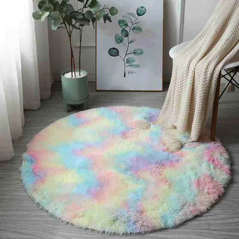 Rainbow Colorful Soft Fluffy Carpets Girl Round Hairy Area Rug For Bedroom Decoration Carpet shaggy Bedside Mat Princess Style