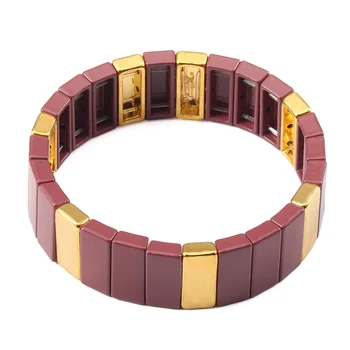 

Handmade Golden Stretch Bracelet Stackable Rectangle Tila Tile Bead Chiclet Enamel Colorblock Bracelet Charm for Women Girls
