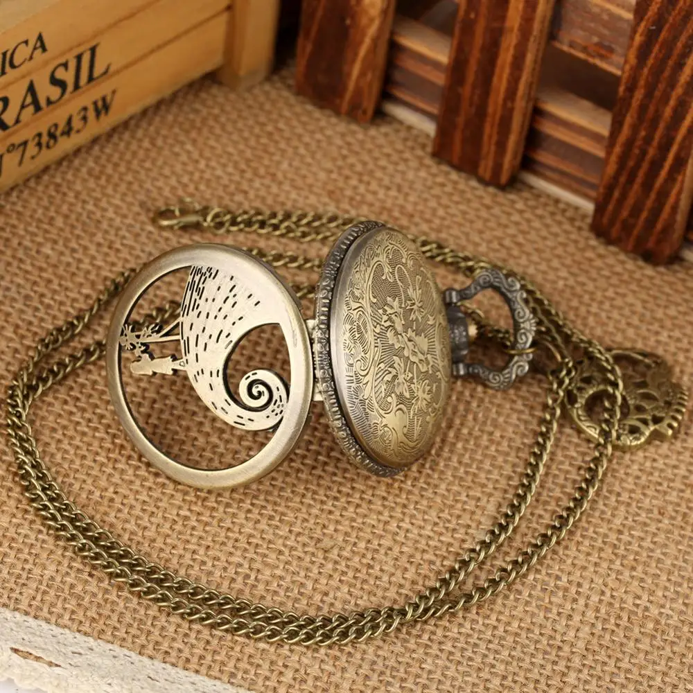 Fashion The Nightmare Before Christmas Hollow Pocket Watch Necklace Chain Men Women Children Quartz Copper Pendant 4