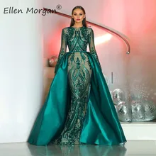 С длинными рукавами мусульманский Русалка Вечерние платья Саудовской Аравии Дубай Кафтан марокканский кружева Съемная юбка платье для выпускного вечера с блестками