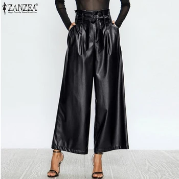 

Fashion Wide Leg Trousers Women's PU Leather Pants ZANZEA 2020 Casual Ruflle High Waist Pantalon Palazzo Female Solid Turnip 5XL