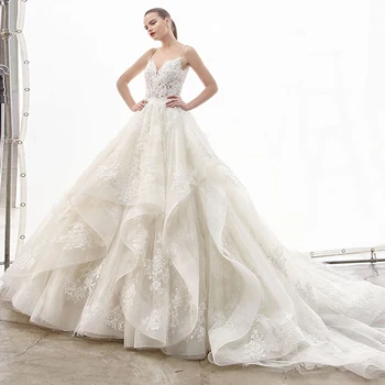 

Fantasy Princess Floral Lace Spaghetti Straps A Line Cascading Ruffles Sweep Train Wedding Dress White