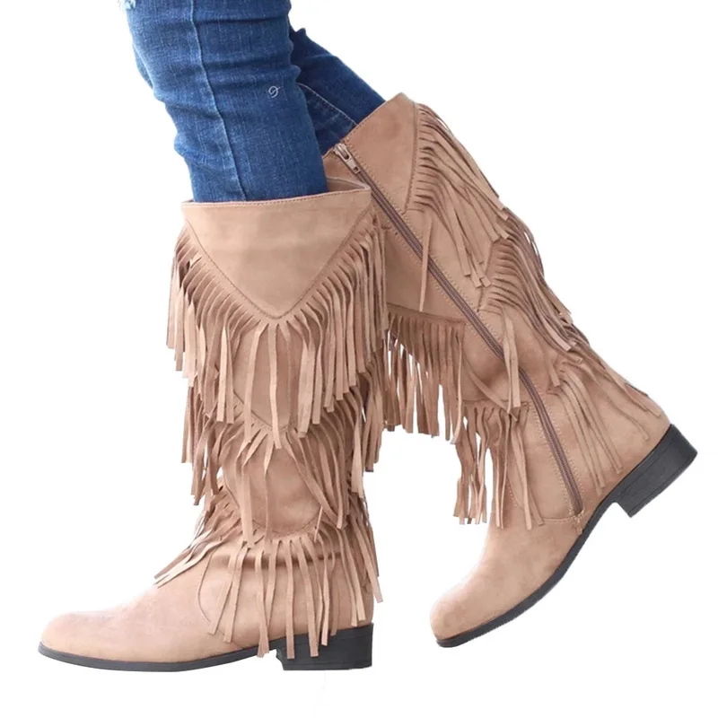 Litthing Boho/модные женские сапоги из флока; высокие сапоги с бахромой на Плоском Каблуке; женские сапоги до колена с бахромой; Размеры 35-43 - Цвет: Beige 1