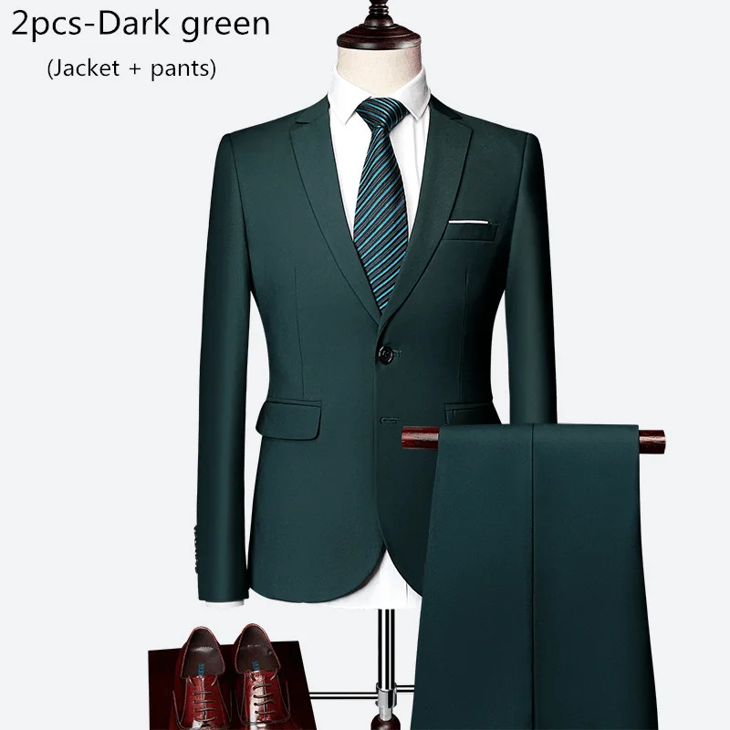 2pcs-Dark green Пиджак+ брюки+ жилет) роскошный классический мужской повседневный деловой костюм, Свадебный Выпускной мужской смокинг, тонкий мужской костюм, одежда для джентльмена - Цвет: 2pcs-Dark green