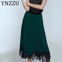 YNZZU Новое Элегантное, длинное, шифоновое женское зеленое Плиссированное кружевное асимметричное платье с высокой талией, Женская юбка, AB246