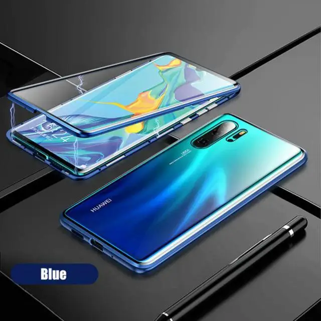 360 полная защита двухсторонний стеклянный чехол для телефона huawei P30 Pro P30 P30 Lite магнитный металлический изогнутый защитный чехол для экрана - Цвет: Синий