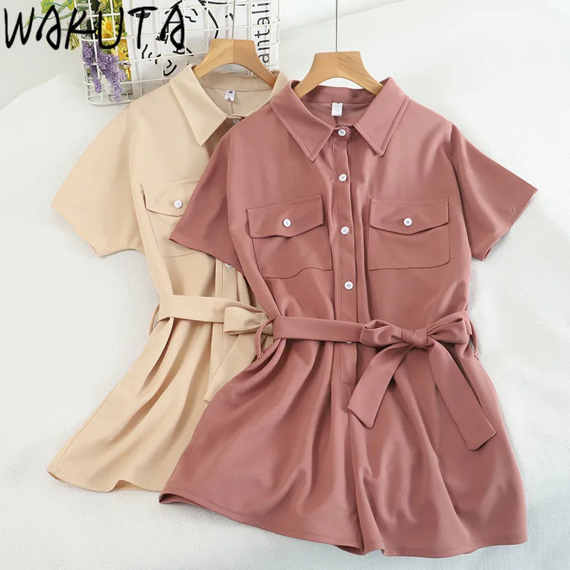 WAKUTA-Mono de manga corta con cinturón para mujer, pantalones cortos Vintage Harajuru, novedad de 2021
