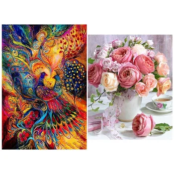 

2 Set DIY Diamond Painting Embroidery Cross Stitch Gift Home Decor Gift, Flower Rose & Peacock Feather