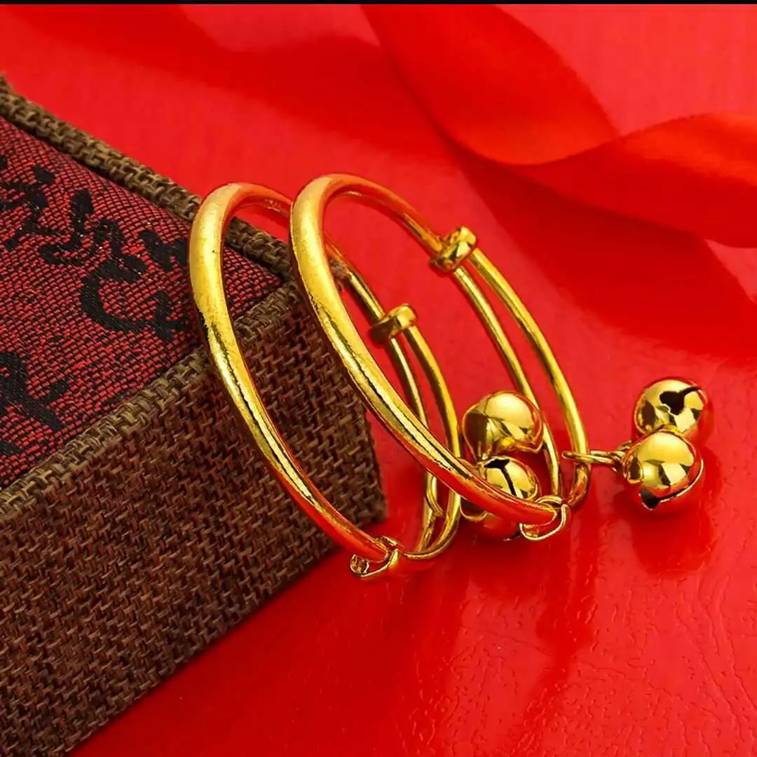 Fashionable Jewlery Children's Baby Gold Bracelet Push-Pull Baby Bangle golden Glossy Bell Type Cooper-plated Golden As a Gift
