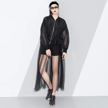 

Mesh Long Trench Coat Female Patchwork Draw String High Waist Lantern Sleeve Zipper Windbreaker Women 2020 Spring
