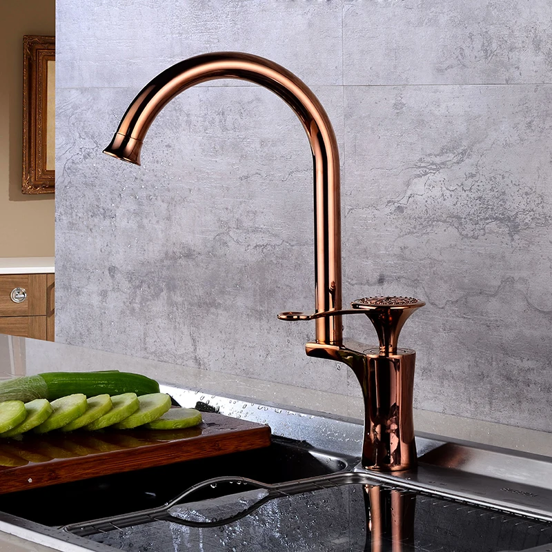 Single Handle Brass Kitchen Tap Spout Basin Sink Mixer Swivel Rose Gold Faucet 