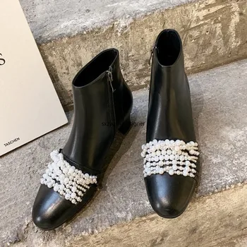 

Round Toe Pearl Decor Real Leather Women Ankle Boots Color-matching Thick Heel Zipper Female Martin Boots Long Motorcycle Boots