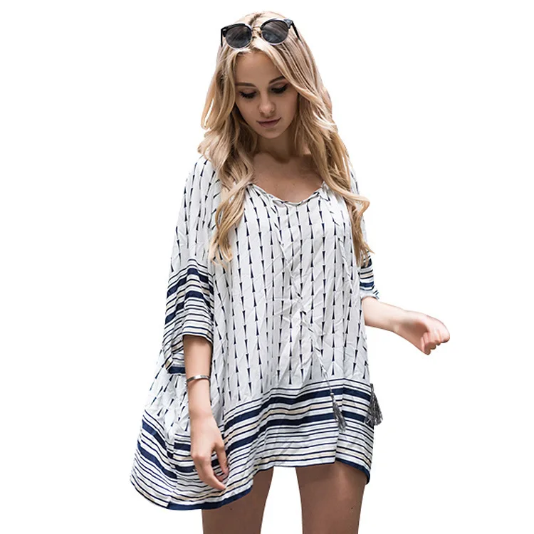 

Beach Dresses Swimsuits Tunic Covered Woman Swimsuit Exit Saida Praia Dress New Black White Geometric Loose Short Long Sleeve