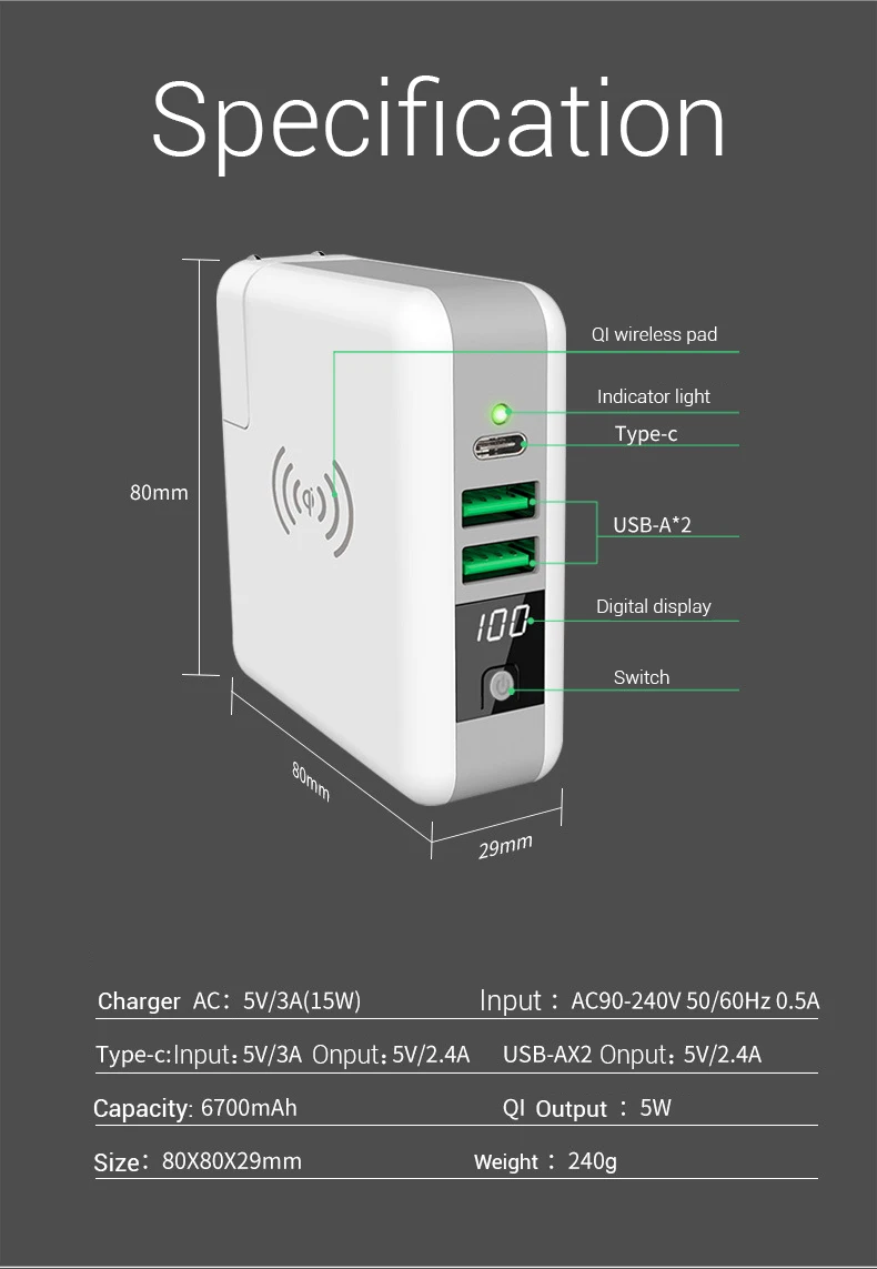 Xiaomi бренд многофункциональное Беспроводное зарядное устройство type-C 2 USB разъем для путешествий QC3.0 Беспроводной внешний аккумулятор цифровой экран для всех телефонов