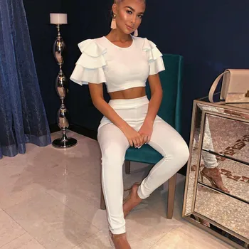 

2PCS/Set Ruffles Sleeve Short Tops and Pants Summer 2 Piece Set Women 2020Summer New Fashion Lady Solid White Elastic Waist Suit