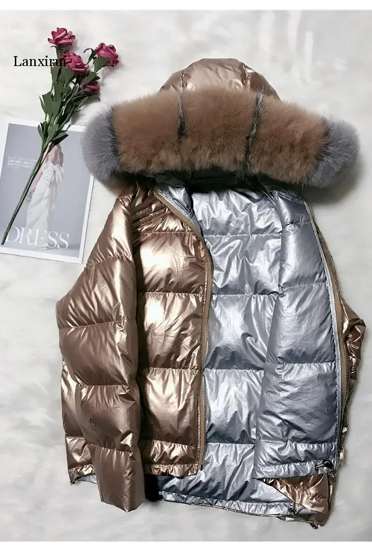 

Women Down Coats Jackets Warm Woman Down Parka Two Sides Wears Fur Jacket Women Glossy Pink Coat Women Clothes Plus Size
