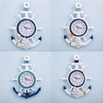 

Mediterranean style blue and white rudder helmsman anchor creative cool wall clock electronic watch decorative sailing clock