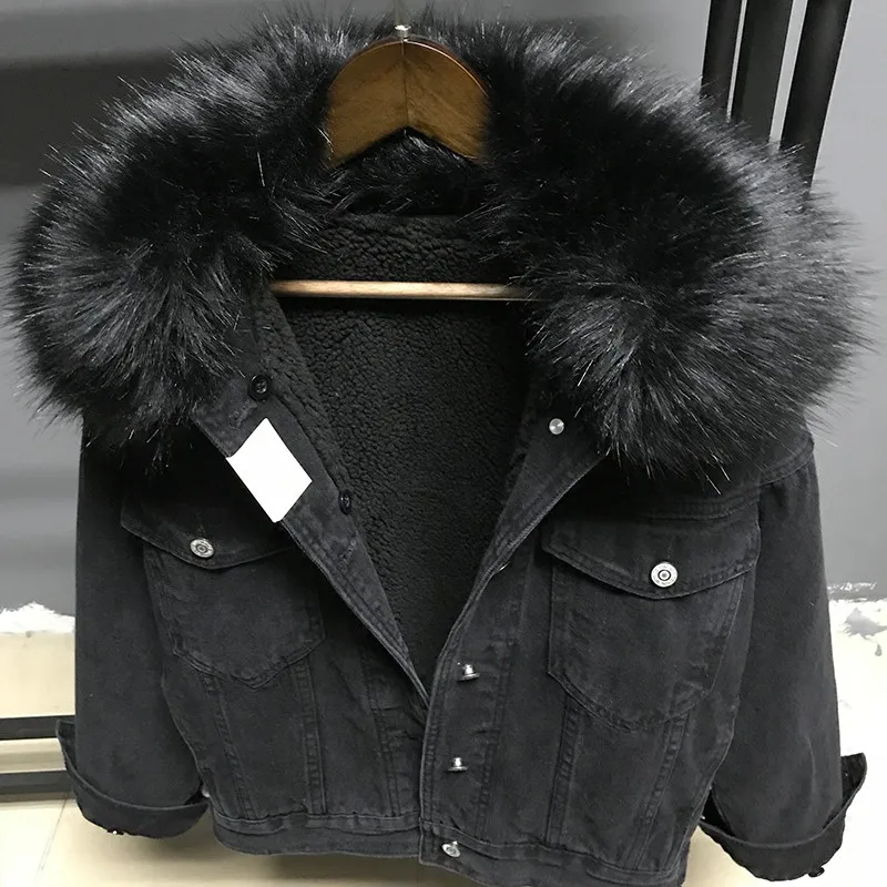 awesome  Winter Big Fur Collar Lambswool Lining Denim Jacket Women Thick Warm Black Short Jeans Jacket Loose
