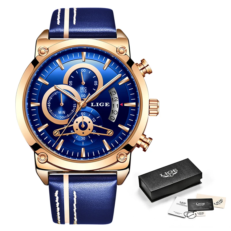 Часы наручные LIGE Мужские кварцевые с хронографом аналоговые креативные синим