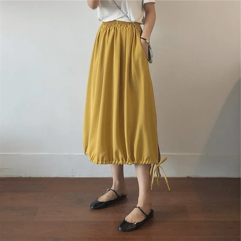 

Solid Color Chiffon Skirt Women's 2019 Korean-style Loose-Fit Slimming High-waisted Mid-length A- line Drawstring Pleated Skirt