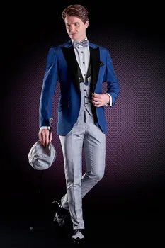 

3 PCS Blue Wedding Tuxedos Slim Fit Suits For Men Groomsmen Suit Formal Suits (Jacket +Pants+Vest+Bow Tie) terno costume homme