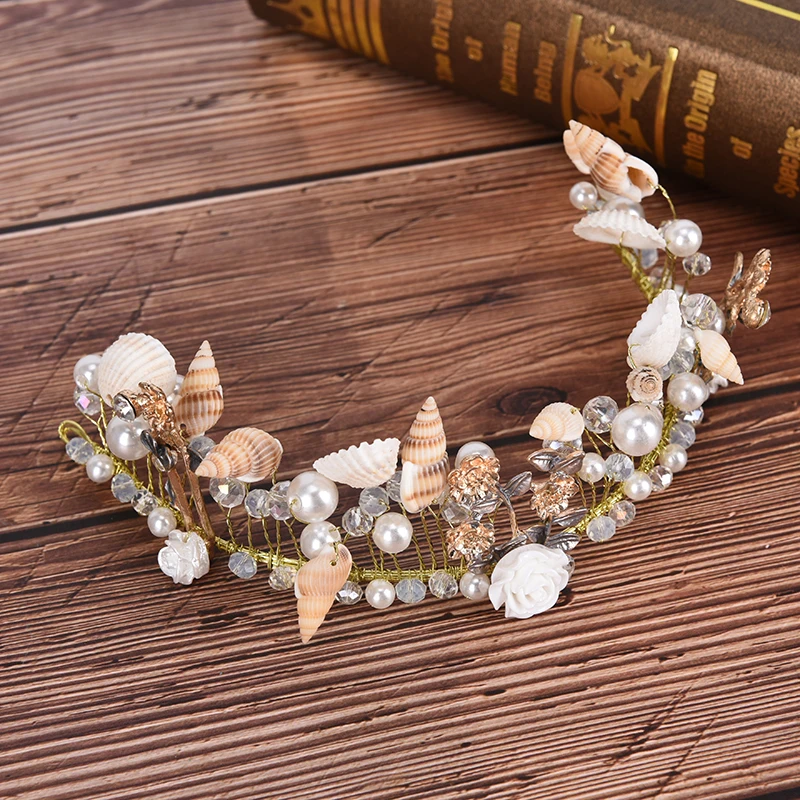 

Rhinestone Leaf Headpieces Charm Headdress Boho Wedding Hair Accessories Bridal Shell Crown Pearl Prom Tiara Headband For Bride
