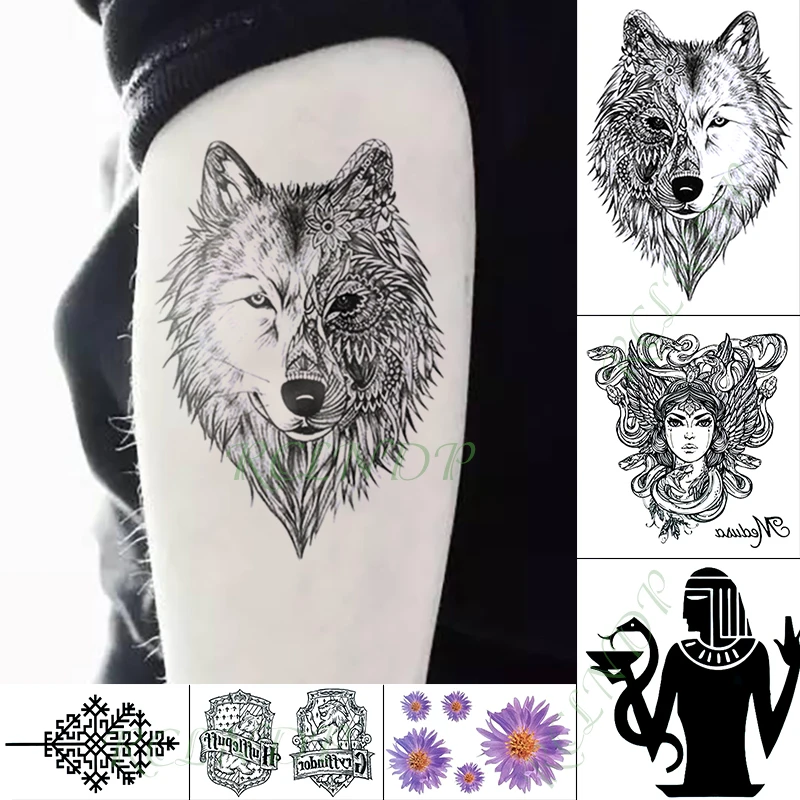 Waterproof Temporary Tattoo Sticker Wolf Flower in Head Fake Tatto Hand Arm Foot Flash Tatoo for Kid Girl Men Women | Красота и