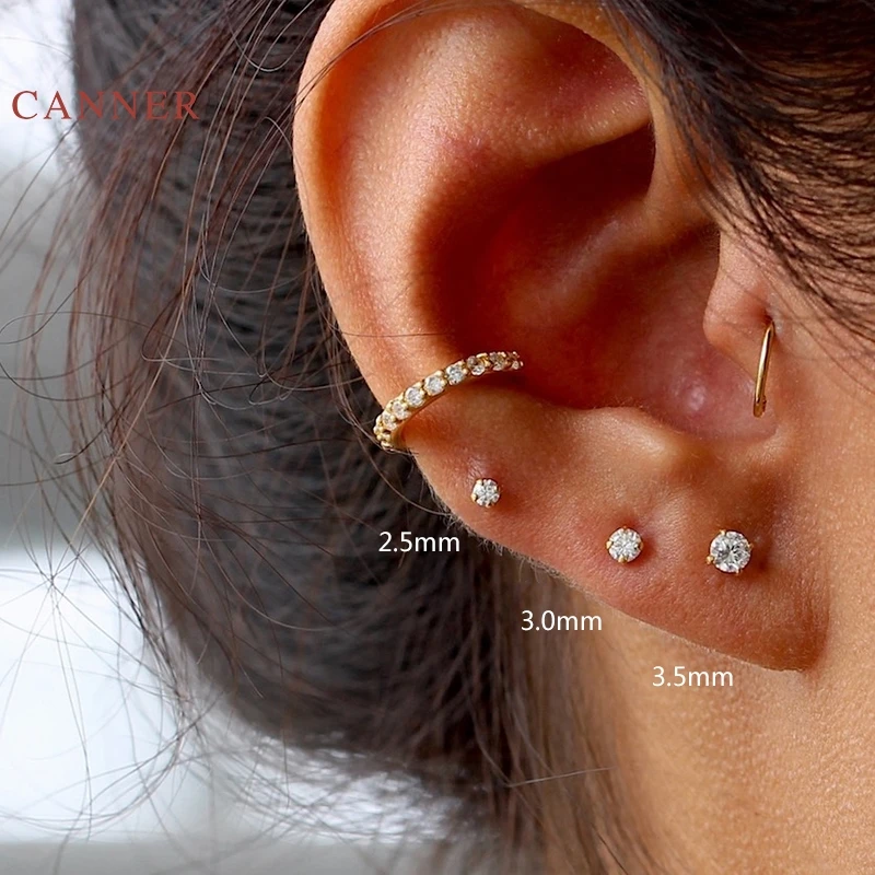CANNER-Pendientes de plata de ley 925 auténtica para mujer, Mini Pendientes de tuerca de cuatro garras, Diamante de circonita, joyería Coreana de oro