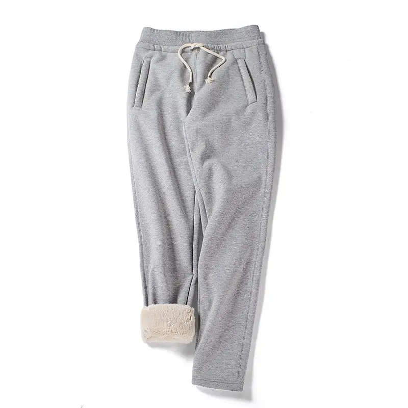 light grey pants Thick Lambswool Winter Pants Women Lace Up Warm Long Straight Pants Pentalon Femme Fleece Warm Pants Women Ladies Trousers C5925 - Color: light grey pants