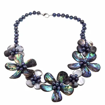 

Fashion Mop Jewelry Abalone Shell Flower Necklace With Black Freshwater