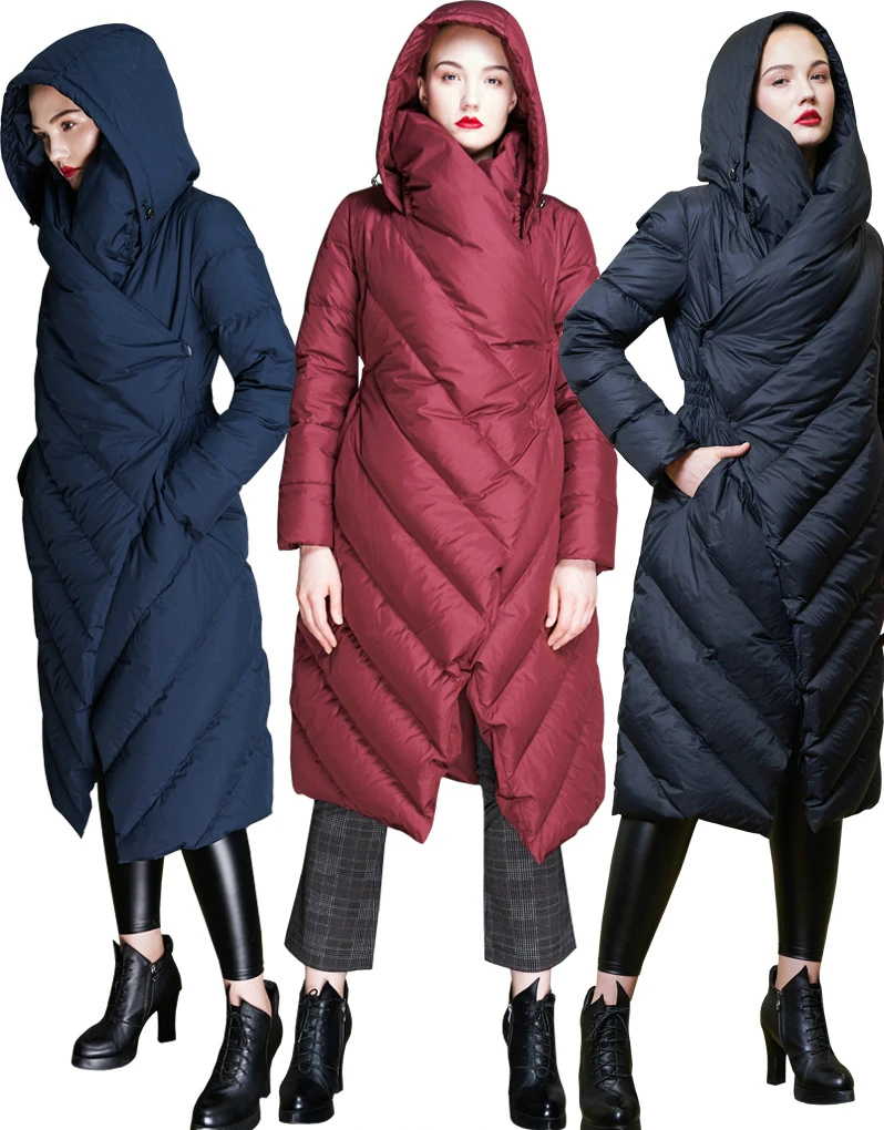 Женский зимний пуховик тонкий утолщенный с капюшоном куртка х-длинные пальто с длинным рукавом асимметричные топы