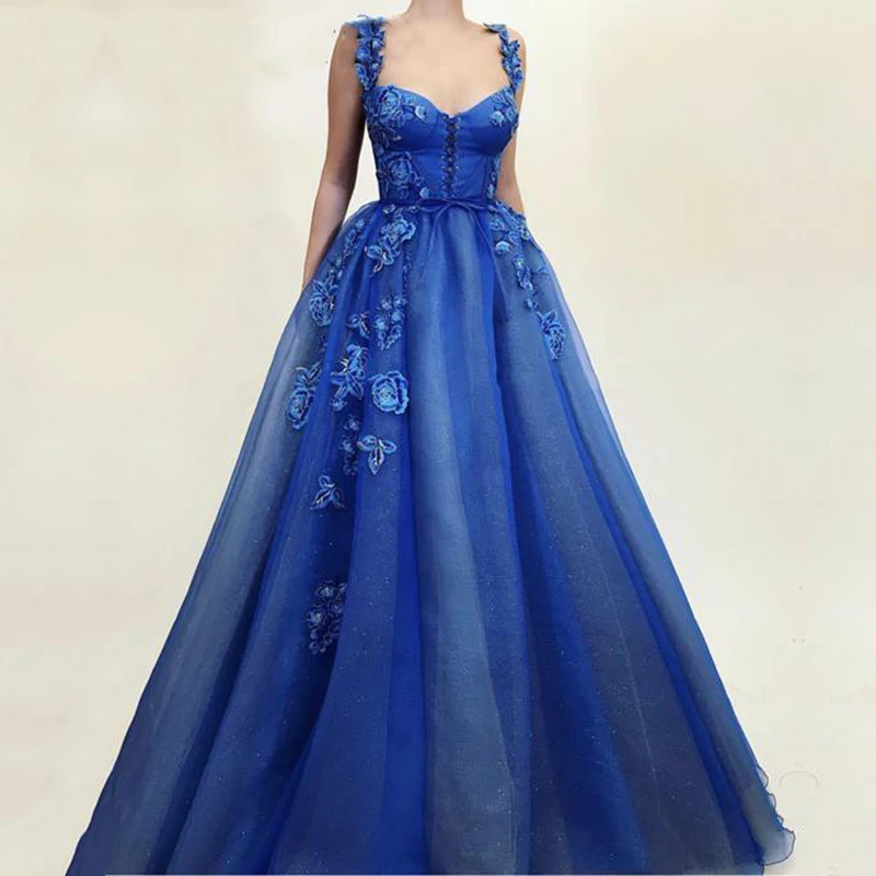 

Navy Blue Evening Dresses Spaghetti Strap Handmade Flowers A-Line Arabic Prom Gown Custom Made Party Dress for Graduation